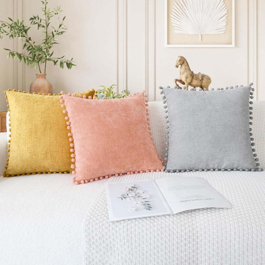 CaliTime Throw Pillow Covers Decorative 18 X 18 Inches Pack of 2 Cozy Solid Dyed Soft Chenille Cushion Cases with Pom Poms for Couch Sofa Bed Living Room Home Dusty Pink