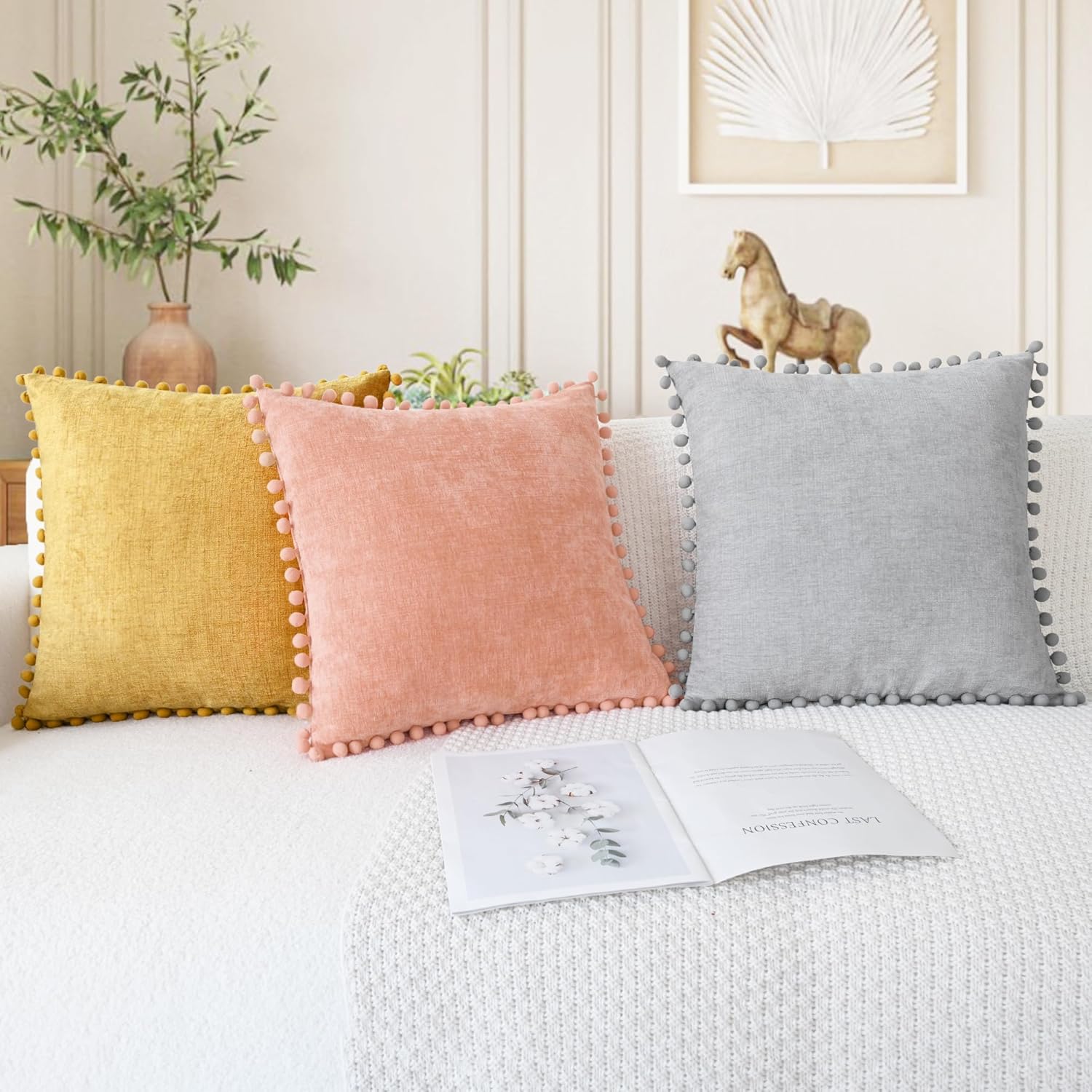 CaliTime Throw Pillow Covers Decorative 18 X 18 Inches Pack of 2 Cozy Solid Dyed Soft Chenille Cushion Cases with Pom Poms for Couch Sofa Bed Living Room Home Dusty Pink