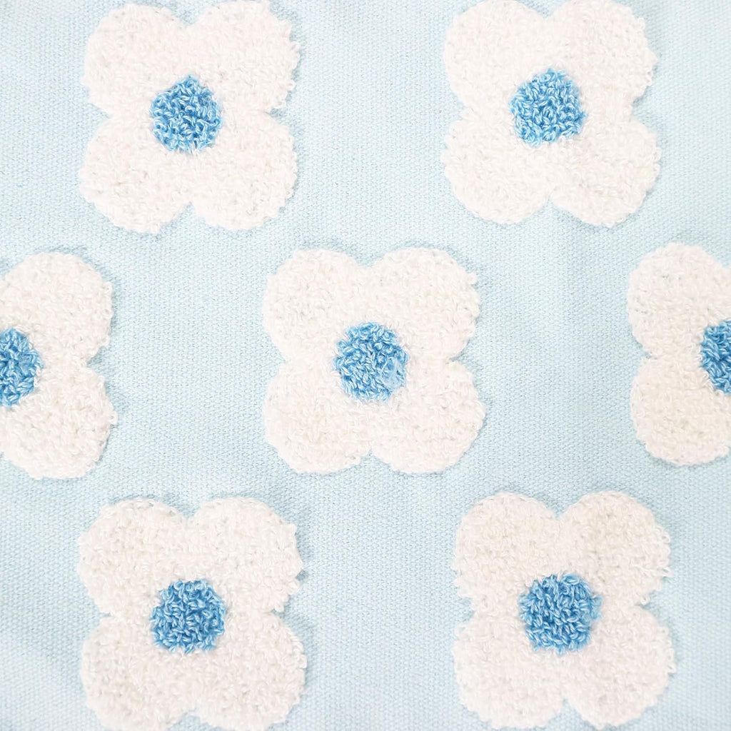 DECOBIRD Embroidery Throw Pillow Cover 12x20 Light Blue Floral Design Home Decor Loop Embroidered Pillow Case Thick Cotton Canvas Square Cushion Cover for Couch 30x50cm, 4 Petal Flowers 1 Piece