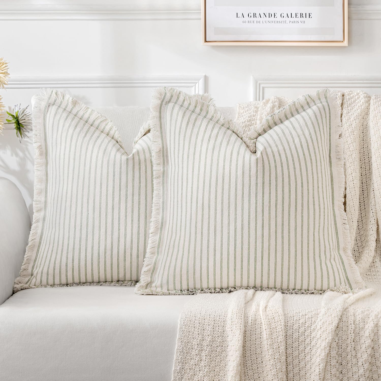 MIULEE Pack of 2 Sage Green Pillow Covers 20x20 Inch Striped Farmhouse Couch Spring Throw Pillow Covers with Fringe Chic Linen Decorative Cushion Covers for Sofa Living Room Bed Outdoor Home Decor