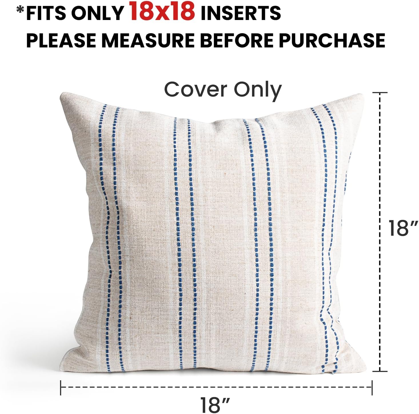 AELS 18x18 Decorative Farmhouse Linen Throw Pillow Covers, Boho Textured Pillow Case, Set of 2,Beige with White & Navy Blue Stitch Yarn Dyed Stripe Cushion Cover for Sofa Couch Living Room(Cover ONLY)