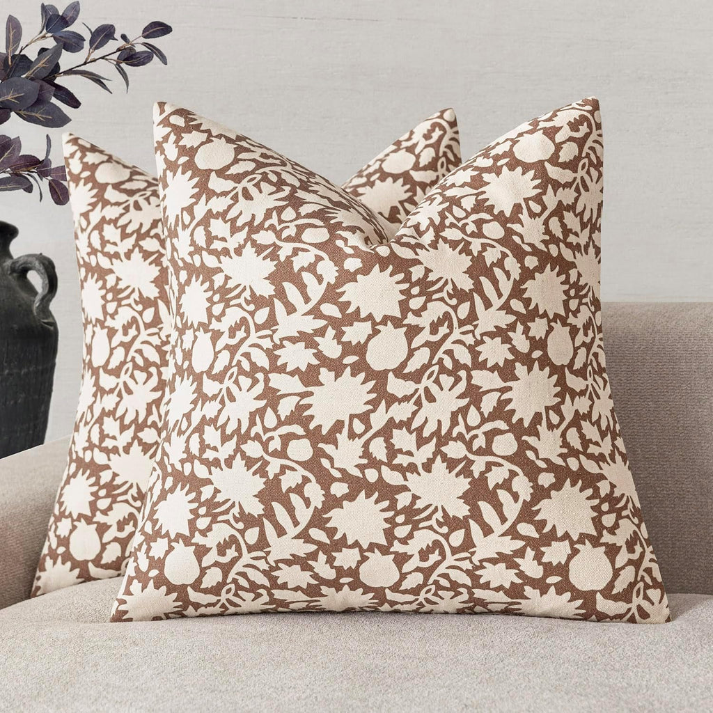 Foindtower Set of 2 Decorative Neutral Floral Throw Pillow Covers Accent Farmhouse Cushion Covers Boho Pillowcase for Couch Sofa Bedroom Living Room Home Decor,24×24 Inch,Light Orange Brown