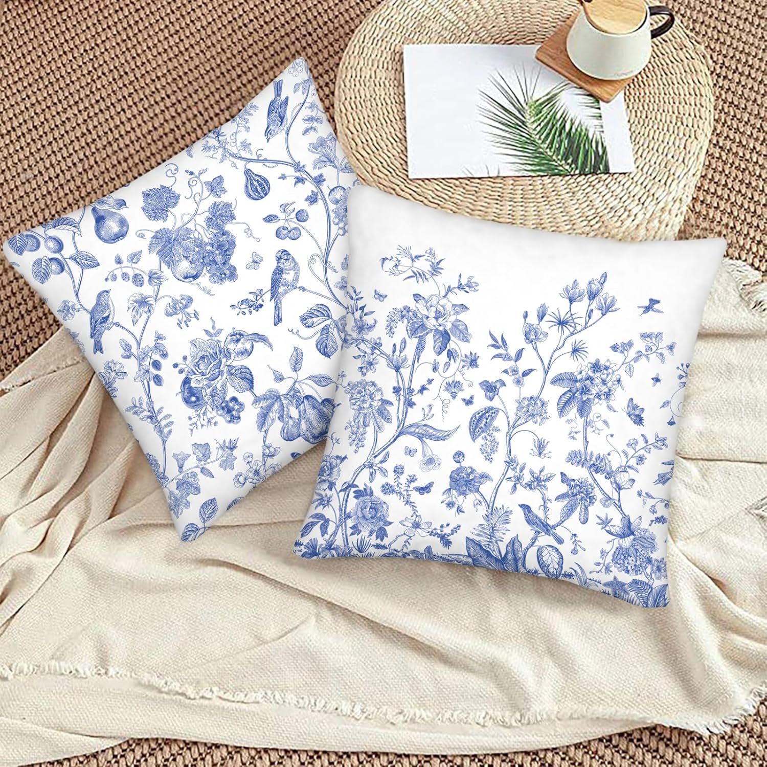 Blue Flower Decorative Pillow Covers 18x18 Inch Set of 2 Spring Floral Bird Throw Pillow Cases Chinoiserie Pillowcases for Couch Bed Sofa Cushion Living Room Chinoiserie Decor