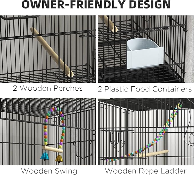 PawHut Double Stackable Bird Cage with Stand, Wooden Swing, Rope Ladder & Wheels for Canaries, Lovebirds Finches, Budgie Cage with Storage Shelf, Removable Tray, Wooden Perches & Food Containers