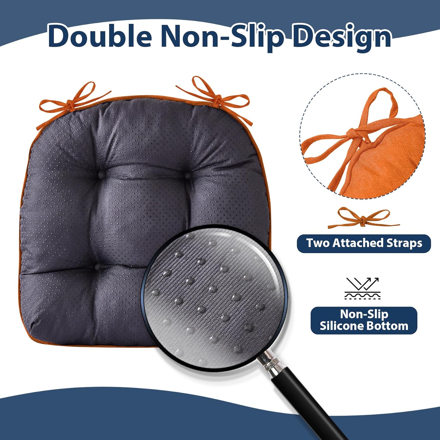 Chair Cushions for Dining Chairs, Seat Cushions for Kitchen Chairs, Indoor Seat Cushions with Ties, Tufted Foam Chair Pads, Non Slip Chair Cushions Set of 4, 15.5" x 15.5" x 4", Orange