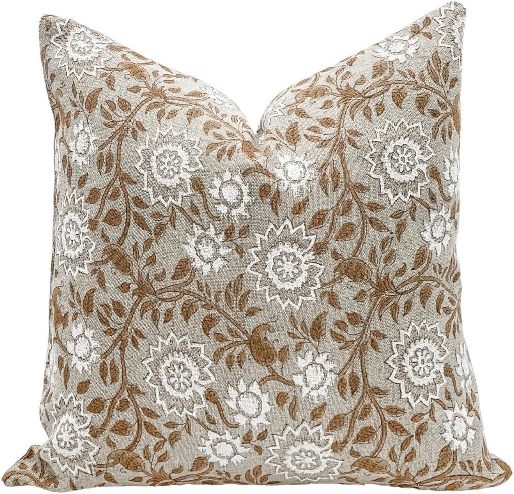 Designer Tan Beige Floral Design on Natural Linen Pillow Cover, Beige and White Pillow Cover, Boho Décor Pillow, Farmhouse Pillow, Floral Pillow Cover (Chalk/Beige, 14x42)