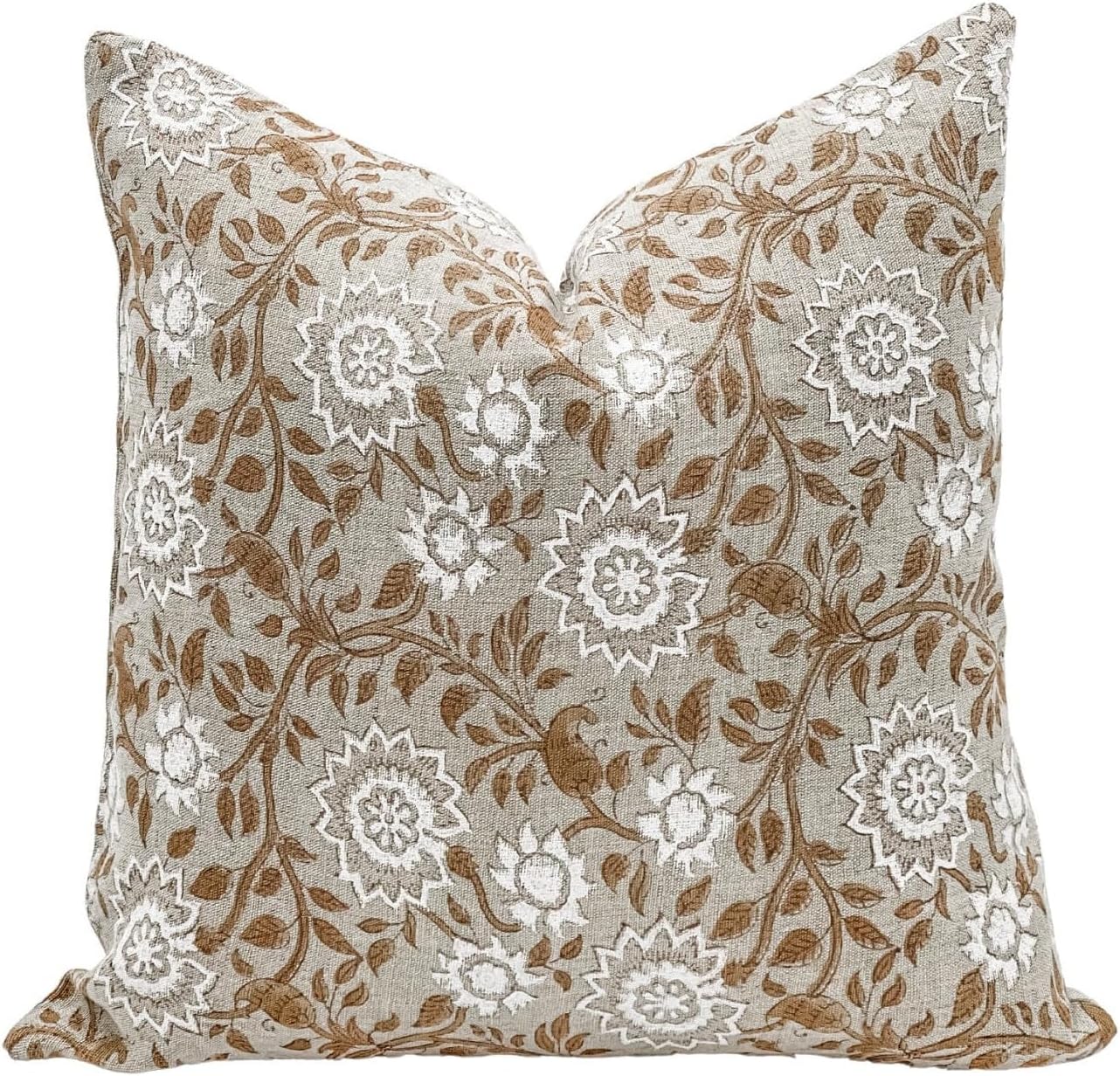 Designer Tan Beige Floral Design on Natural Linen Pillow Cover, Beige and White Pillow Cover, Boho Décor Pillow, Farmhouse Pillow, Floral Pillow Cover (Chalk/Beige, 26x26)