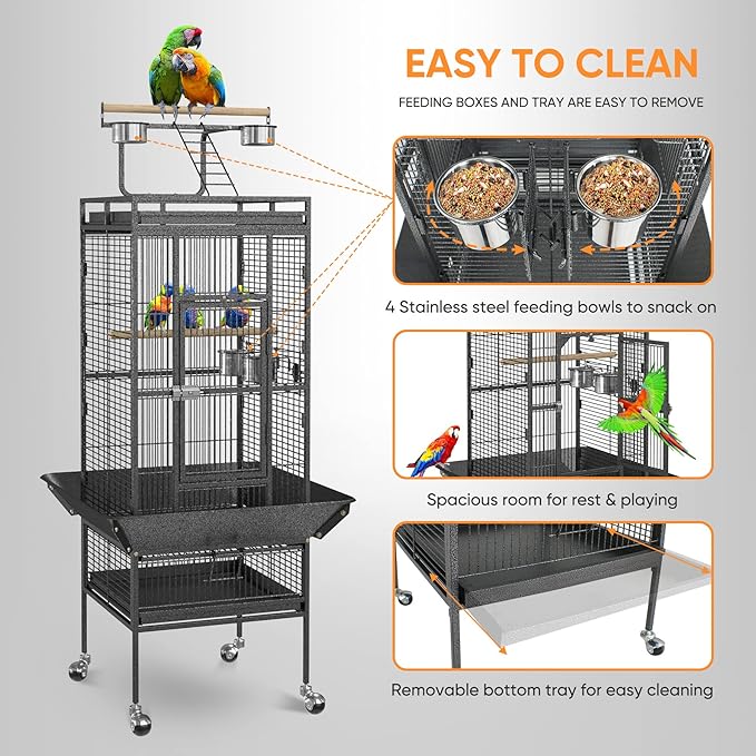 ZENY 61-inch Playtop Parrot Bird Cages, Wrought Iron Large Birdcage with Rolling Stand for Parakeet Cockatiels Quaker Conure Lovebird Finch Canary Small Medium Parrot Cage Birdcage (Black)