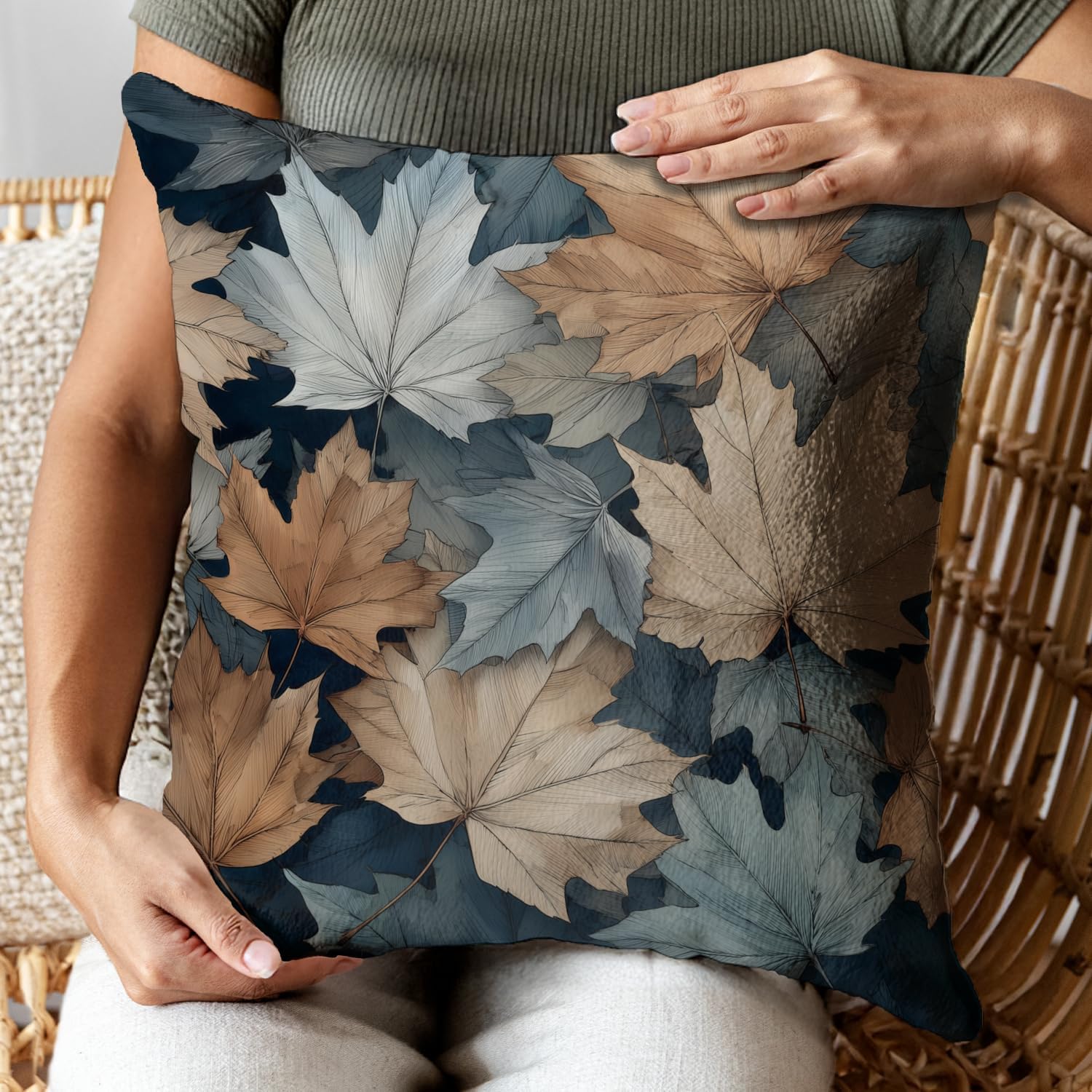 Vintage Boho Leaves Print Throw Pillow Cover, Orange, Blue - Blue Autumn Leaves Decor Pillowcase, Indoor Outdoor Cushion Case for Sofa Couch Bed Living Room Bedroom Home (Yellow leaves, 18x18inch)