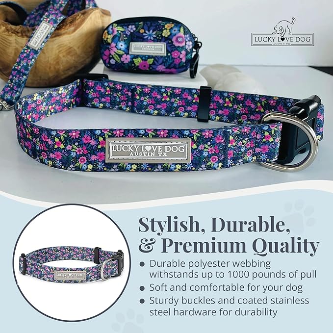 Lucky Love Dog, Comfortable, Soft, Cute Female Dog Collar for Tiny Dogs, Black & Purple Floral Print, Adjustable Nylon Collar, Primrose, XS