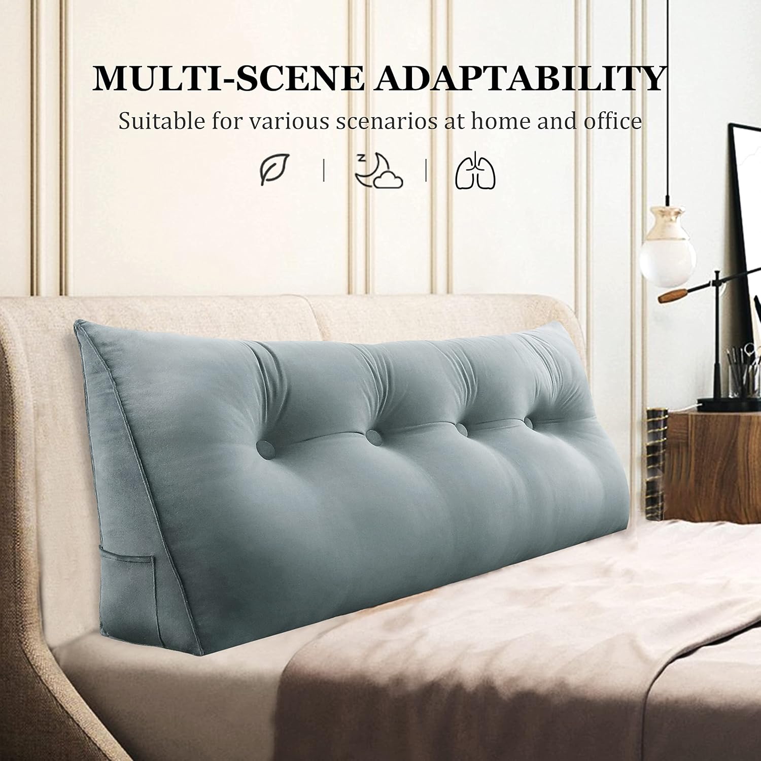 Wedge Headboard Pillow Dorm Room Reading Pillow Back Support for Sitting Up in Bed Bolster Lumbar Cushion Body Positioning Bedrest Velvet 54in Light Gray Full