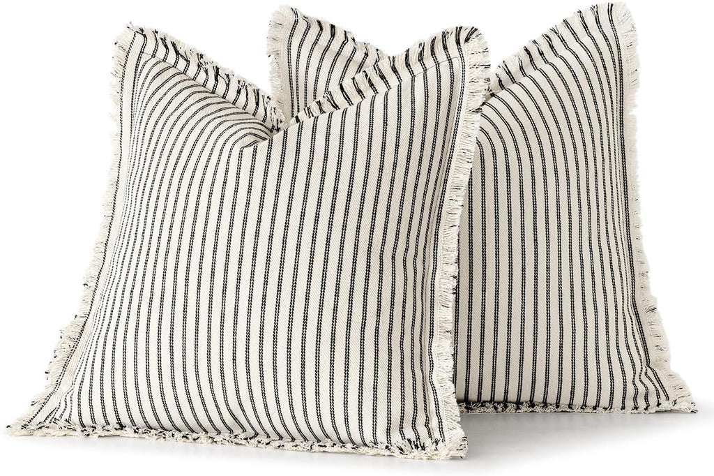 MIULEE Pack of 2 Black Pillow Covers 26x26 Inch Striped Farmhouse Couch Throw Pillow Covers with Fringe Chic Linen Decorative Cushion Eruo Sham for Sofa Living Room Bed Outdoor Home Decor
