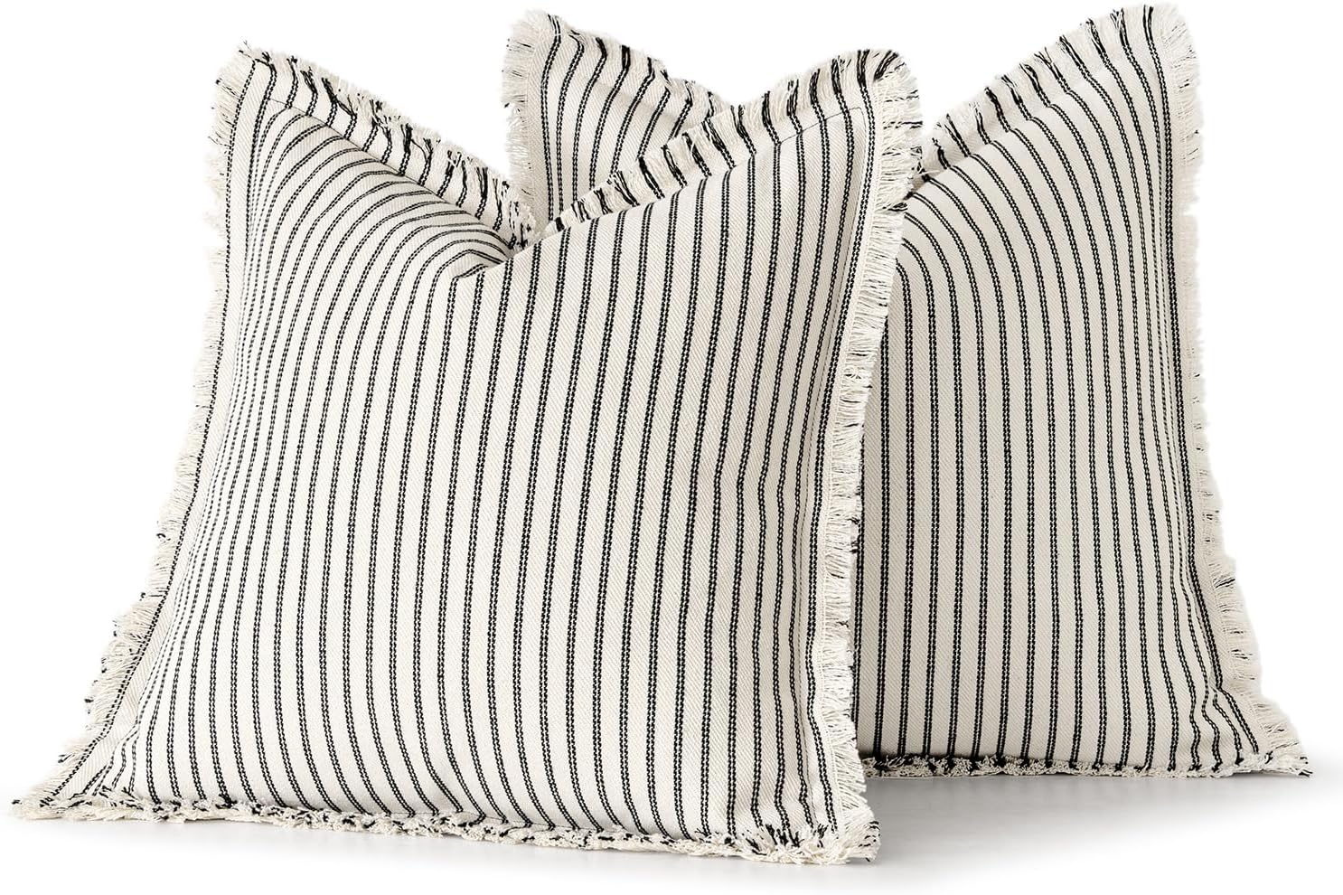 MIULEE Pack of 2 Black Pillow Covers 26x26 Inch Striped Farmhouse Couch Throw Pillow Covers with Fringe Chic Linen Decorative Cushion Eruo Sham for Sofa Living Room Bed Outdoor Home Decor