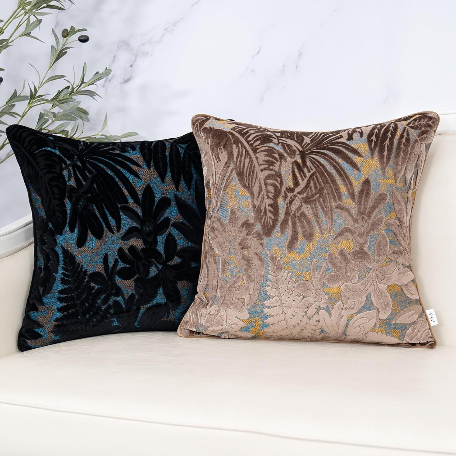 Alerfa Brown Throw Pillow Cover 20x20 Inch, Square Cut Velvet Maple Leaf Embroidery Luxury Farmhosue Accent Decorative Pillow Cover for Couch Living Room Bedroom