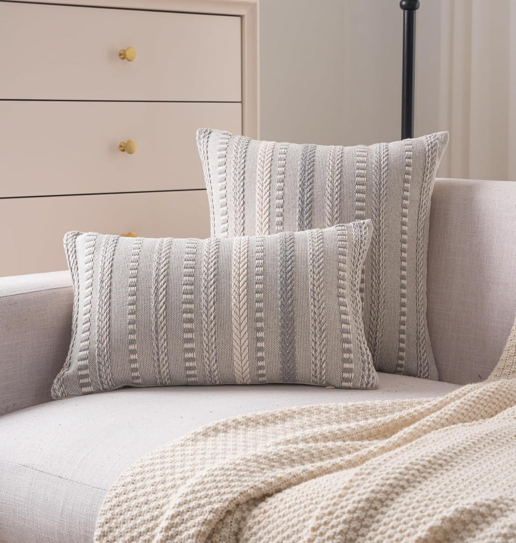 Boho Throw Pillow Covers 12x20 Inch Set of 2, Farmhouse Decorative Couch Pillow Cases, Grey Accent Pillows of Bed, Sofa Bedroom Living Room Home Decor Cushion Cover