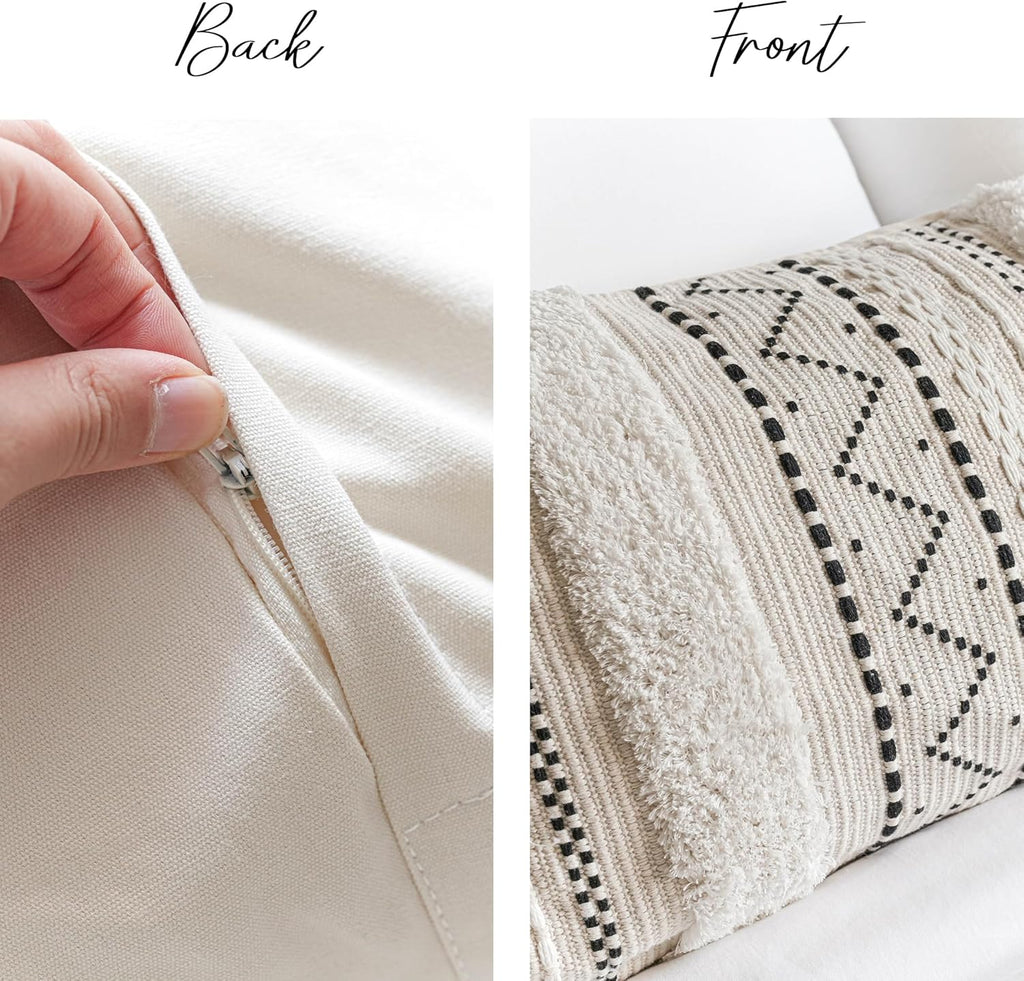 BlissBlush Decorative Lumbar Throw Pillow Cover 12x20 Combo Set of 2 Rectangular Boho Accent Pillowcase Black Neutral Farmhouse Cushion for Couch Sofa Bedroom Living Home Décor Cover ONLY