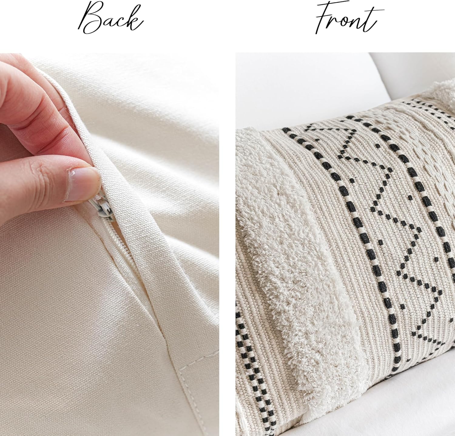 BlissBlush Decorative Lumbar Throw Pillow Cover 12x20 Combo Set of 2 Rectangular Boho Accent Pillowcase Black Neutral Farmhouse Cushion for Couch Sofa Bedroom Living Home Décor Cover ONLY