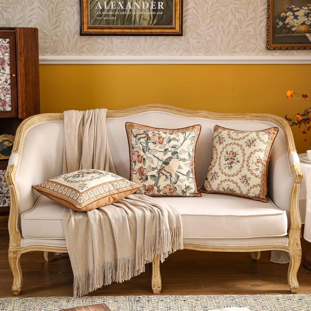 patdrea Designer Vintage Floral Throw Pillow Covers for Couch Set of 2,Brown Linen Pillowcases with Bird and Rose Pattern Decorative Square Cushion for Bed Living Room Outdoor Cafe Car,18"x18"