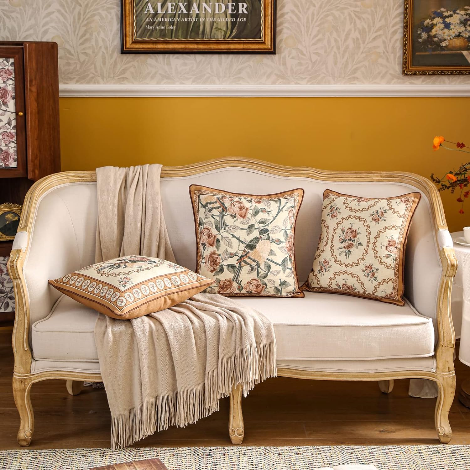 patdrea Designer Vintage Floral Throw Pillow Covers for Couch,Brown Yellow Linen Pillowcases with Bird and Rose Pattern Decorative Square Cushion for Bed Living Room Outdoor Cafe Car,18"x18"