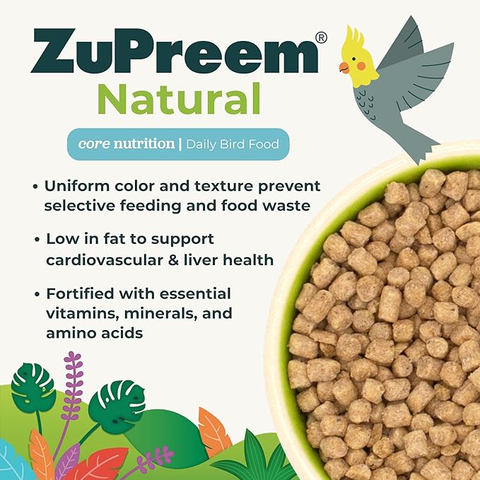 ZuPreem Natural Bird Pellets, Daily Bird Food for Cockatiel, Lovebird, Quaker, Small Conure, Lorikeet, Core Nutrition for Medium Birds, Added Vitamins, Cockatiel Pellets (M, 2.5 lbs)