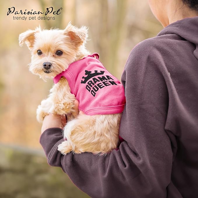 Parisian Pet Dog Tshirt - Embroidered “ Drama Queen “ Dog Shirt - Breathable and Lightweight Dogs Clothes - Sleeveless Pink Tee Shirts - Machine Washable Shirts for Small Dogs Girl - S