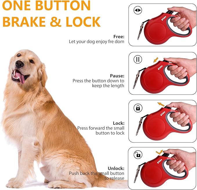 Fida Retractable Dog Leash with Dispenser and Poop Bags, 10 ft Pet Walking Leash for X-Small Dog or Cat up to 18 lbs, Anti-Slip Handle, Tangle Free, Reflective Nylon Tape (XS, Red)
