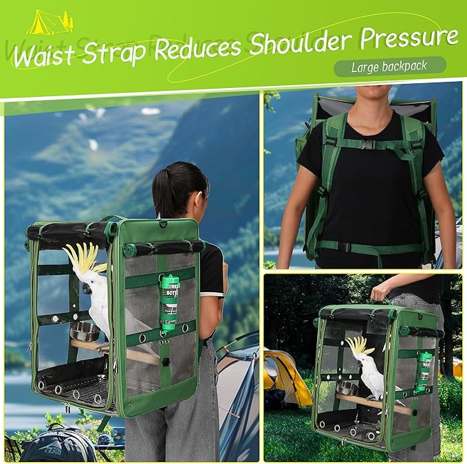Suertree Bird Carrier Travel Cage, Cockatoo Carrier, Parrot Travel Backpack with Unbreakable Stainless Steel Mesh, Perch, Water Bottle and Food Bowl, X-Large Green