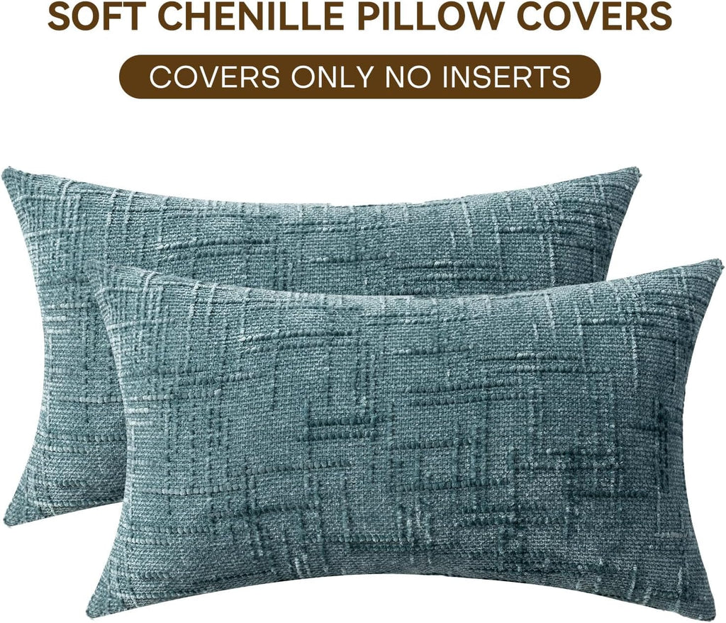 Decorative Throw Pillow Covers 12x20 Inch Set of 2, Soft Solid Farmhouse Chenille Couch Pillows, Spring Pillow Covers for Couch Sofa Bed Living Room Home Decor Pillowcase, Teal