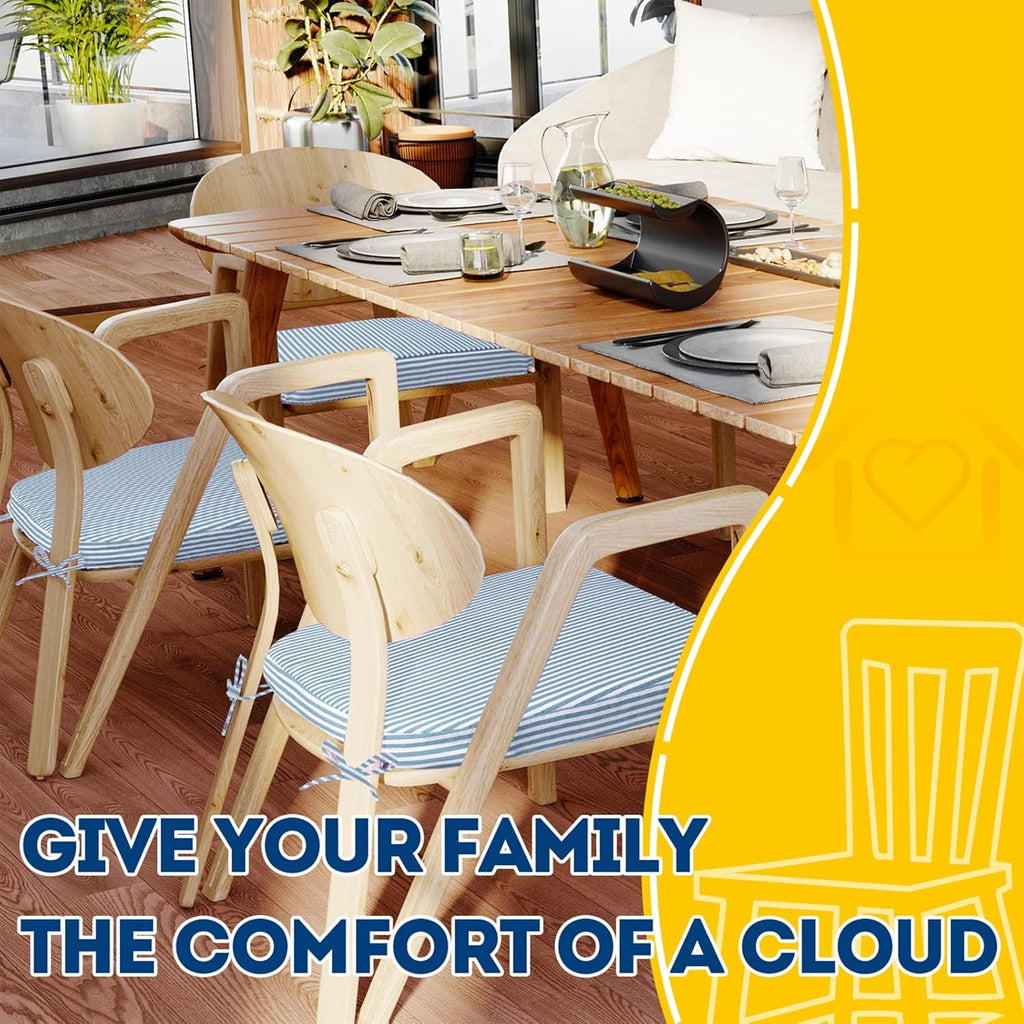 AAAAAcessories D-Shaped Chair Cushions, 2" Thick Dining Chair Pads with Ties and Removable, Machine-Washable Cover, 17" x 16", Set of 4, Pinstripe Blue