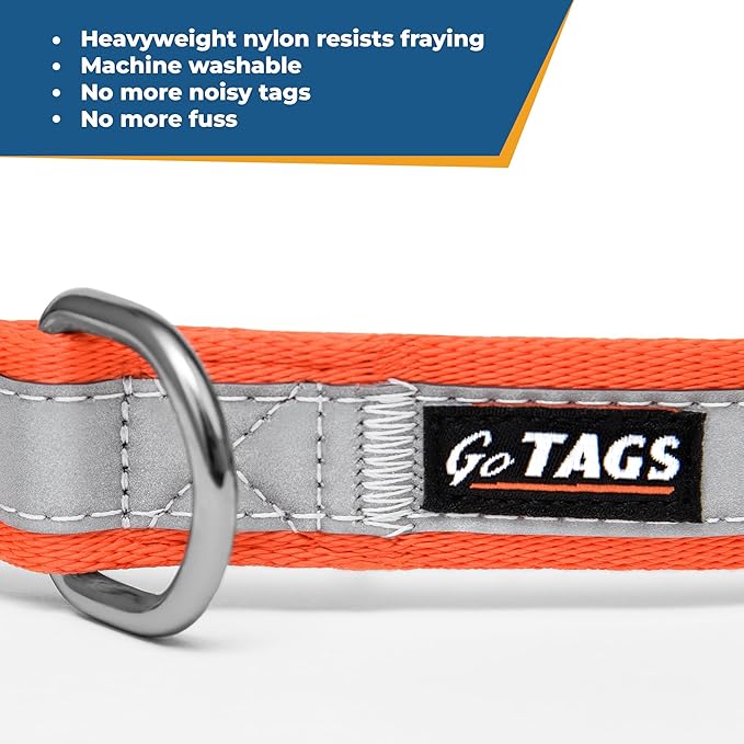GoTags Reflective Personalized Dog Collar, Custom Embroidered with Pet Name and Phone Number in Orange for Boy and Girl Dogs, Adjustable Small