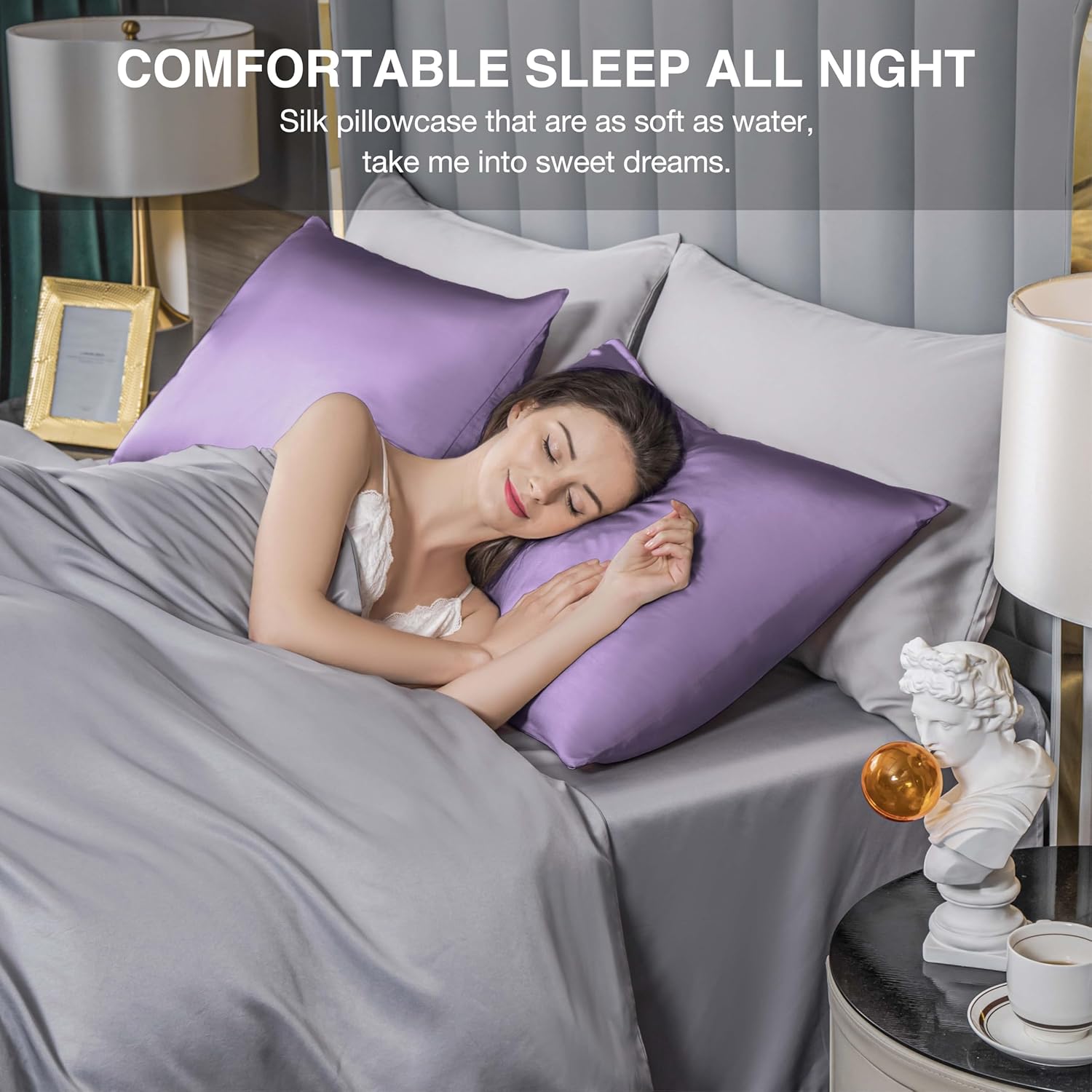 Mulberry Silk Pillowcase for Hair and Skin,Standard Size Cooling Silk Pillow Case with Hidden Zipper,Allergen Proof Dual Sides Soft Breathable Smooth Silk Pillow Cover for Women(Standard,Violet)