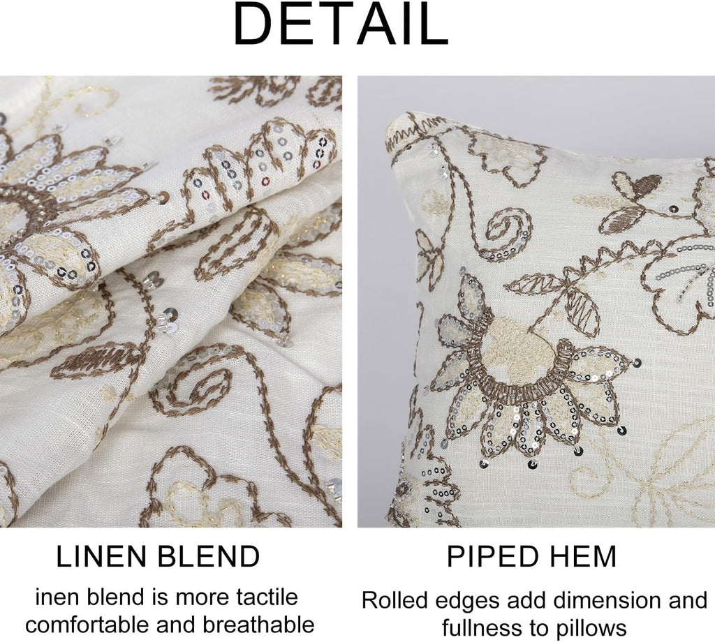 Floral Embroidered Lumbar Throw Pillow Cover 12x 20, Sequin Chinoiserie Flower Neutral Linen Pillow Cushion Cases, Farmhouse Decorative Pillows for Bed, Outdoor Couch White