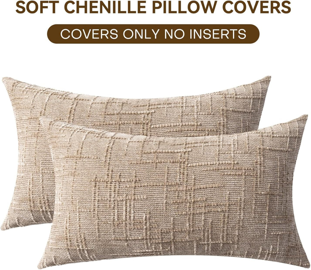 Decorative Throw Pillow Covers 12x20 Inch Set of 2, Soft Solid Farmhouse Chenille Couch Pillows, Spring Pillow Covers for Couch Sofa Bed Living Room Home Decor Pillowcase, Light Khaki