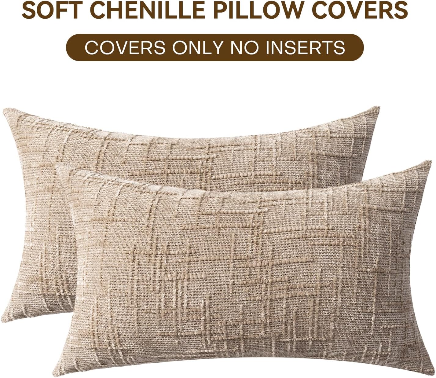 Decorative Throw Pillow Covers 12x20 Inch Set of 2, Soft Solid Farmhouse Chenille Couch Pillows, Spring Pillow Covers for Couch Sofa Bed Living Room Home Decor Pillowcase, Light Khaki