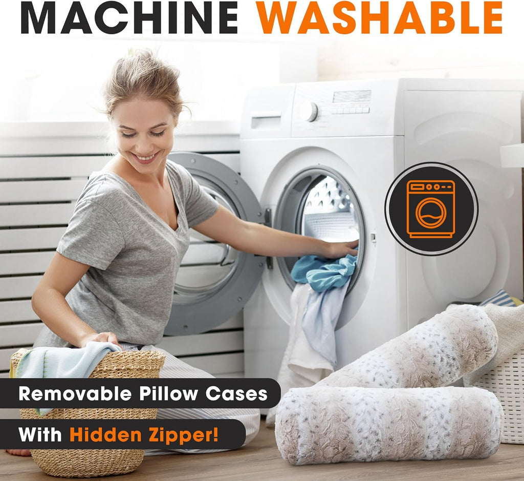 Cheer Collection Faux Fur Bolster Pillows – Soft Decorative Cylinder Pillows for Bed or Couch, Machine Washable – 8” x 24”, Set of 2, Snow Leopard