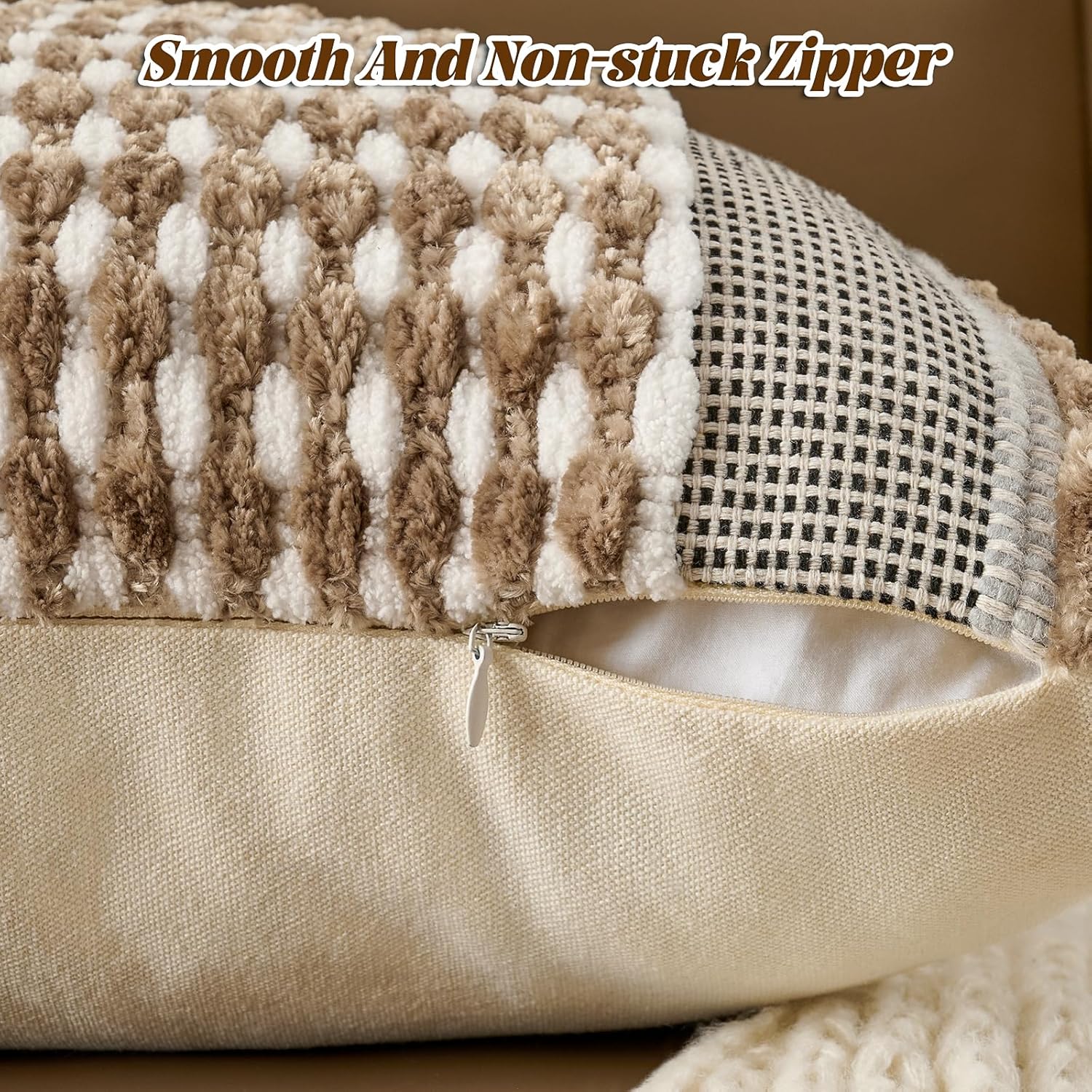 AmHoo Set of 2 Chenille Striped Textured Boho Throw Pillow Covers Aesthetic with Tassels Woven Decorative Pillow Case for Couch Bed Sofa Bedroom Modern Funky 18 x 18-Inch Taos Taupe