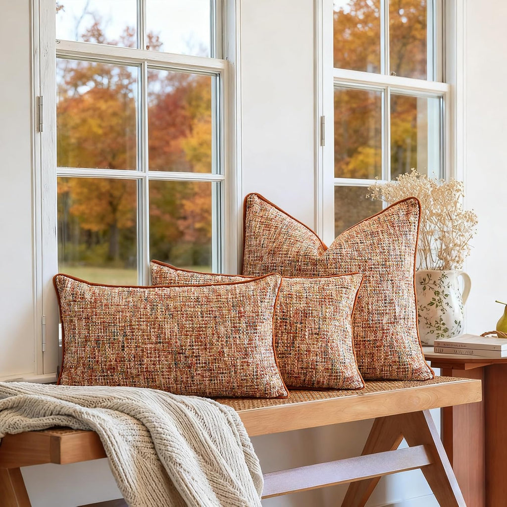 a moment Fall Rust Orange Reversible Pillow Covers 2 Pack - Farmhouse Chenille Throw Pillows, Neutral Textured Decorative Throw Pillow Covers with Border for Couch Sofa Bed (18x18 Inch, No Insert)