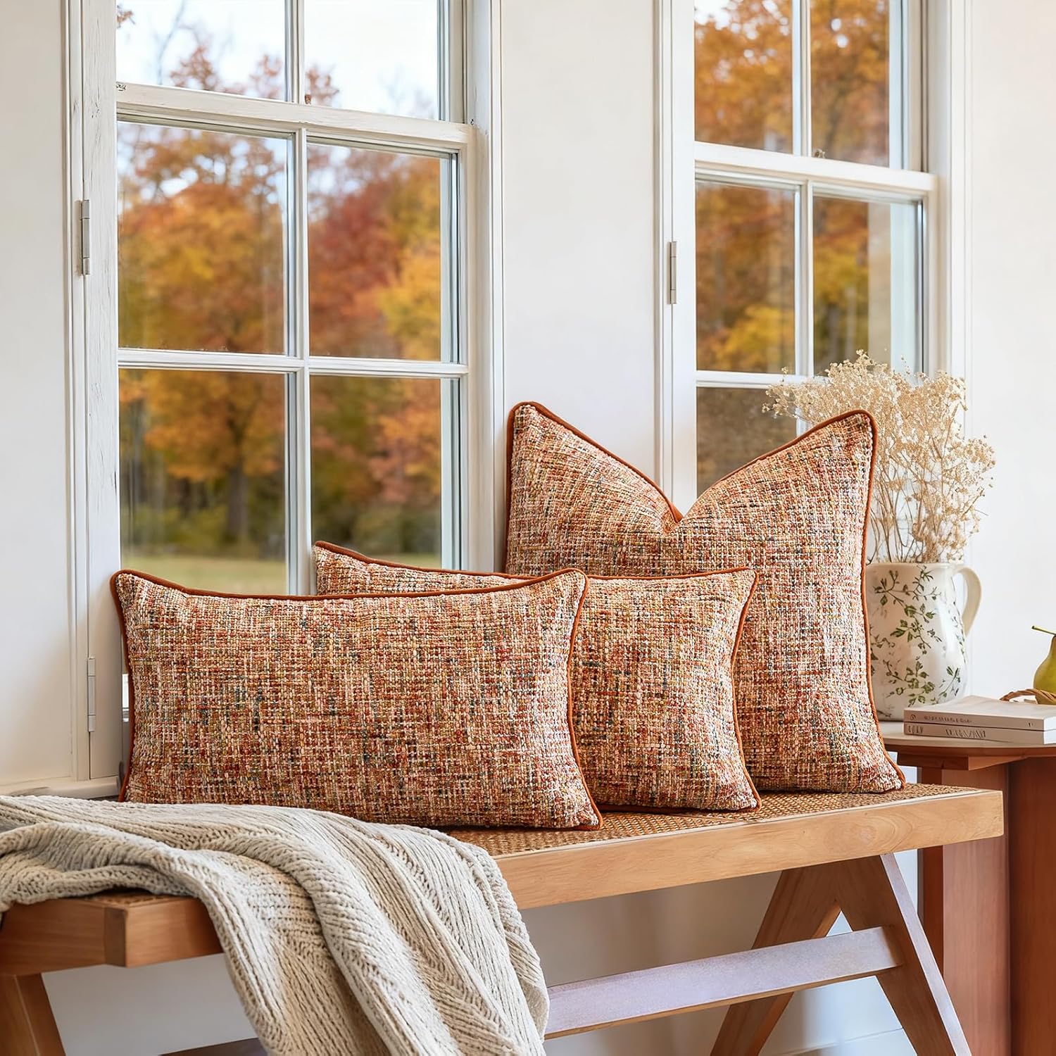 a moment Fall Rust Orange Reversible Pillow Covers 2 Pack - Farmhouse Chenille Throw Pillows, Neutral Textured Decorative Throw Pillow Covers with Border for Couch Sofa Bed (18x18 Inch, No Insert)