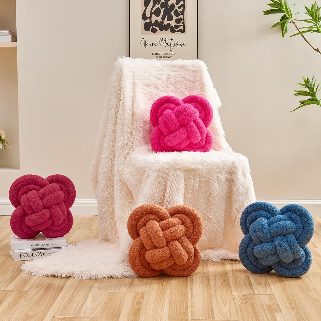 Xiashrk Knot Pillow Ball, 12" Soft Decorative Throw Pillows for Couch Bed, Rose Red Knotted Plush Throw Pillow Handmade Square Cushion Home Couch Decor Pillows for Living Room