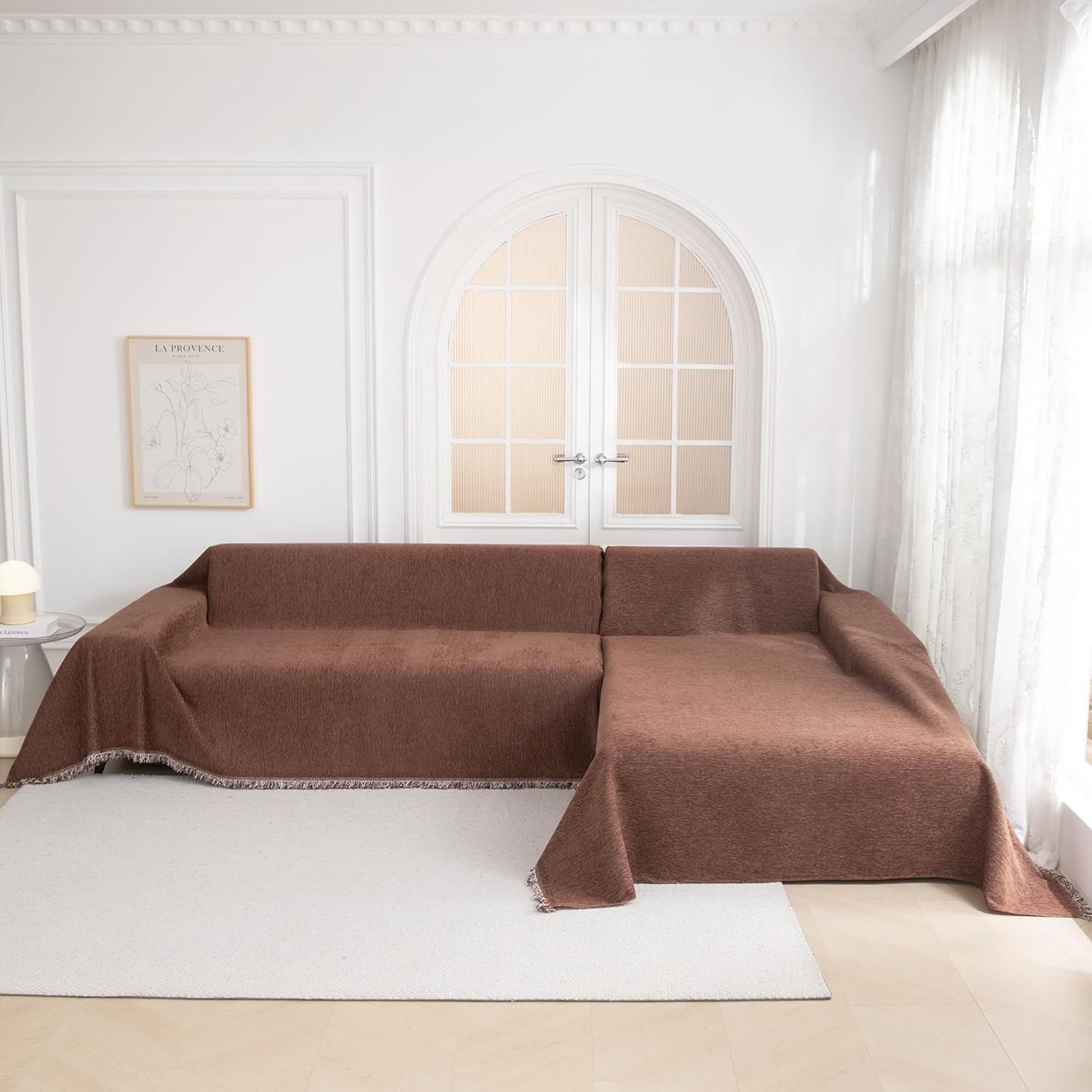 MYSKY HOME Sofa Covers Washable Sectional Couch Covers - 3 Cushion Slipcover Furniture Protector with Tassels for Kids, Dogs, Pets - 91"x134", Chocolate