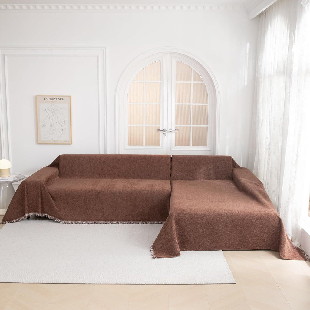 MYSKY HOME Chocolate Couch Cover Non Slip Dog Sectional Sofa Cover for 3 Cushion Couch Sofa Slipcover with Tassels Futon Cover Non Slip Washable Furniture Protector Cover for Pet, Cat, 91"x118"