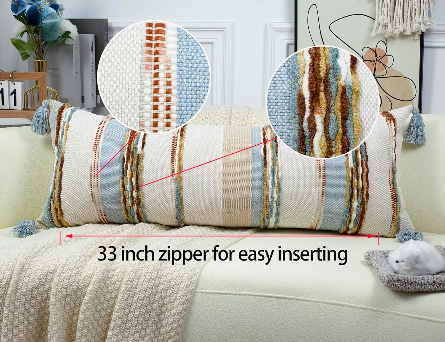 PANOD Boho Long Lumbar Throw Pillow Cover 16 x 36 Light Blue, Chenille Morocan Extra Long Pillow Case Cover, Decorative Long Pillow for Bed Couch Sofa Farmhouse