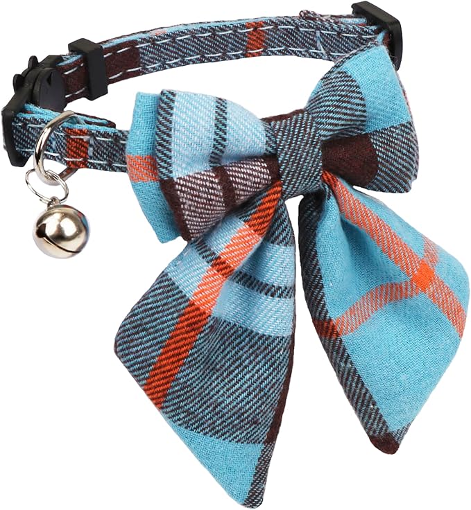 ADOGGYGO Plaid Cat Collars with Removable Bow Tie Bell, 2 Pack Beige Blue Plaid Kitten Bow Collar for Cats Kittens