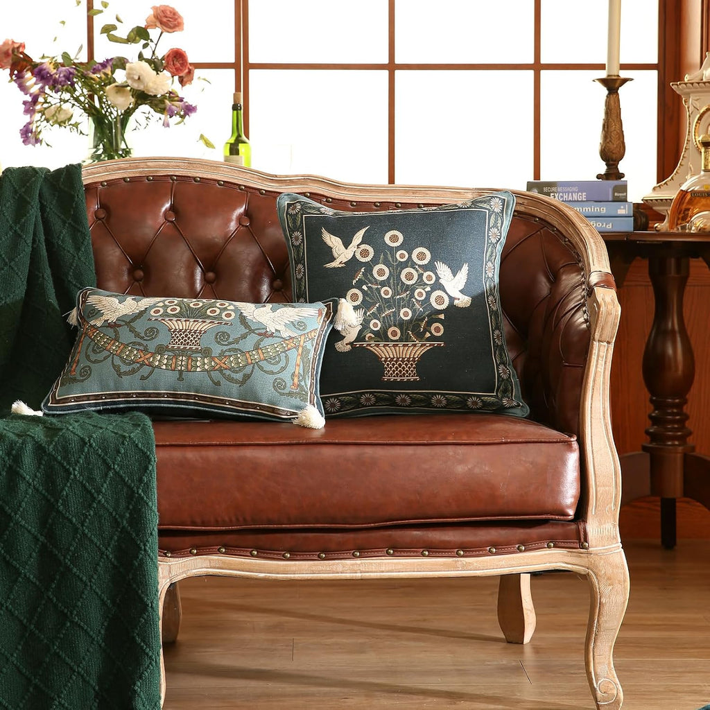 Rectangle Throw Pillow Covers,French Green Farmhouse with White Birds and Flowers Pattern Linen Pillowcases,Decor Lumbar Pillows Cushion Covers for Couch Sofa Bed Chair,12x20 Inches