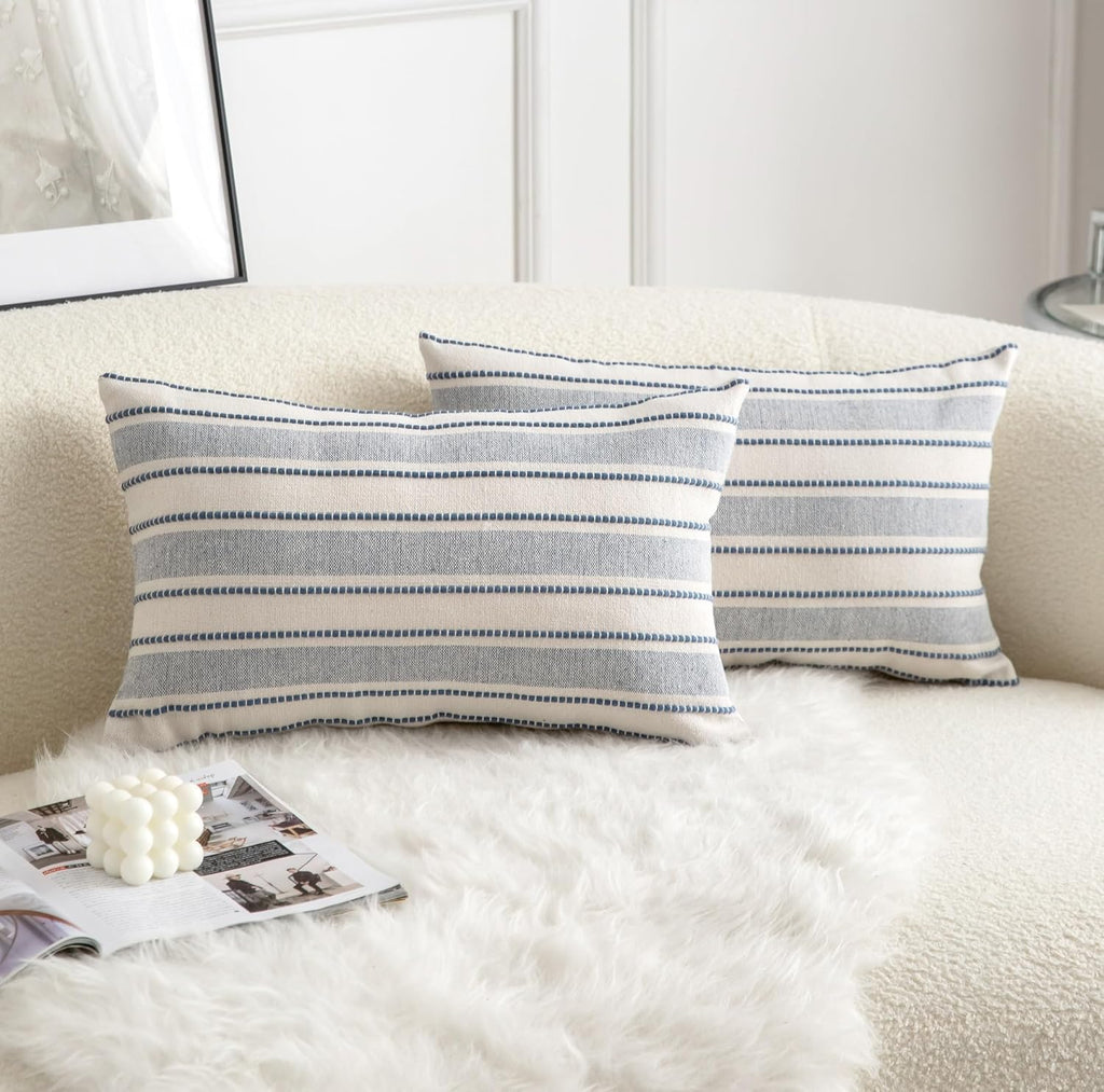 Decorative Boho Lumbar Throw Pillow Covers, Farmhouse Textured Pillow Case, 12 x 20 Inch Set of 2, Chair Sofa Bedroom Living Room Home Decor Couch Cushion Case, Classic Blue and Beige