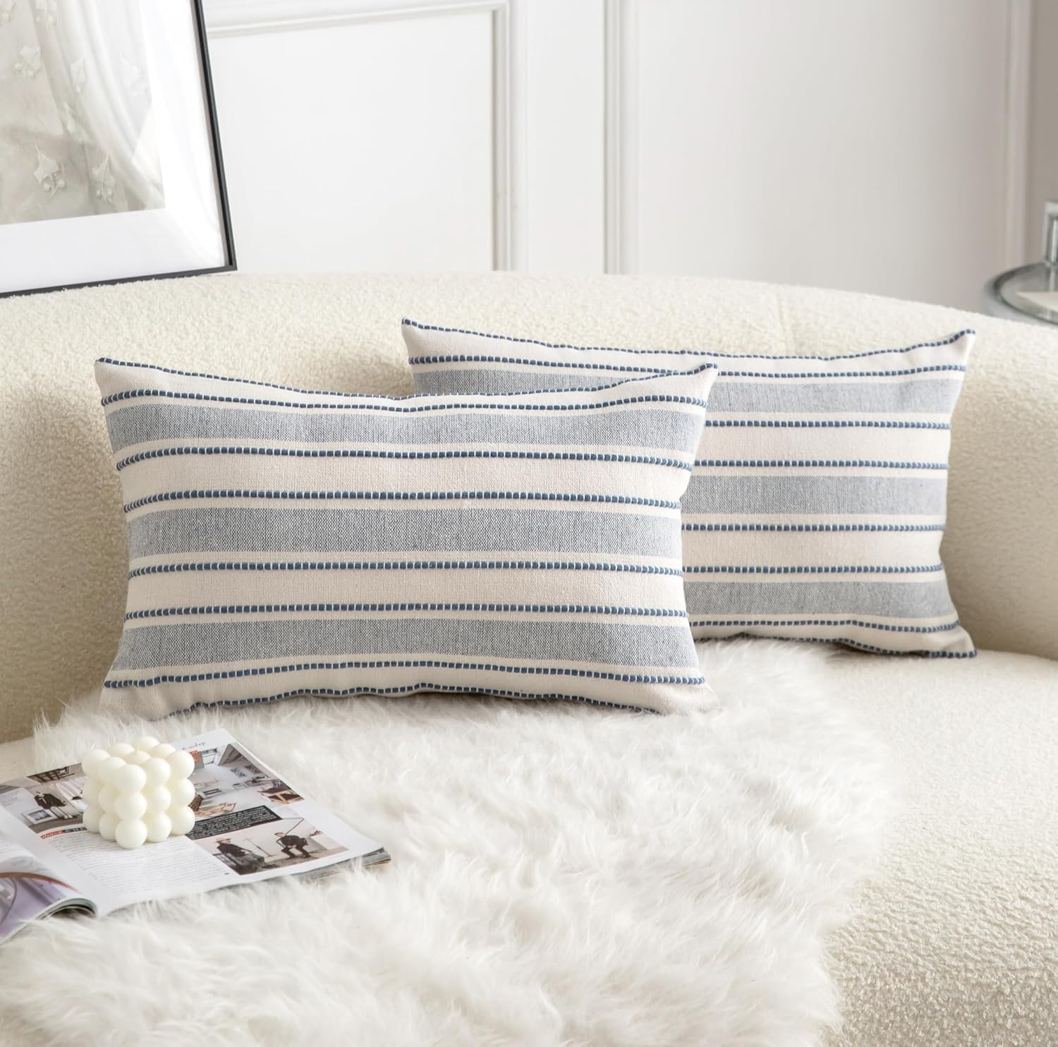 Decorative Boho Lumbar Throw Pillow Covers, Farmhouse Textured Pillow Case, 12 x 20 Inch Set of 2, Chair Sofa Bedroom Living Room Home Decor Couch Cushion Case, Classic Blue and Beige