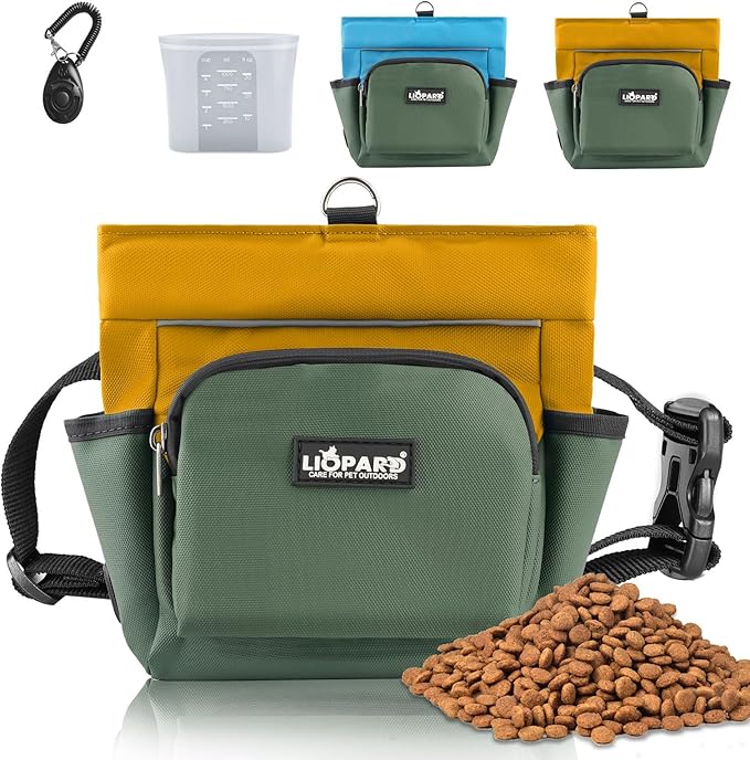 LIOPARD Dog Treat Pouch, Training Bag for Pet Walking, Pet Treat Bag with Silicone Liner, Magnetic Closure with Clicker and Belt Clip, 4-Cup Dog Treats Pouch for Outdoor Training (yellow)