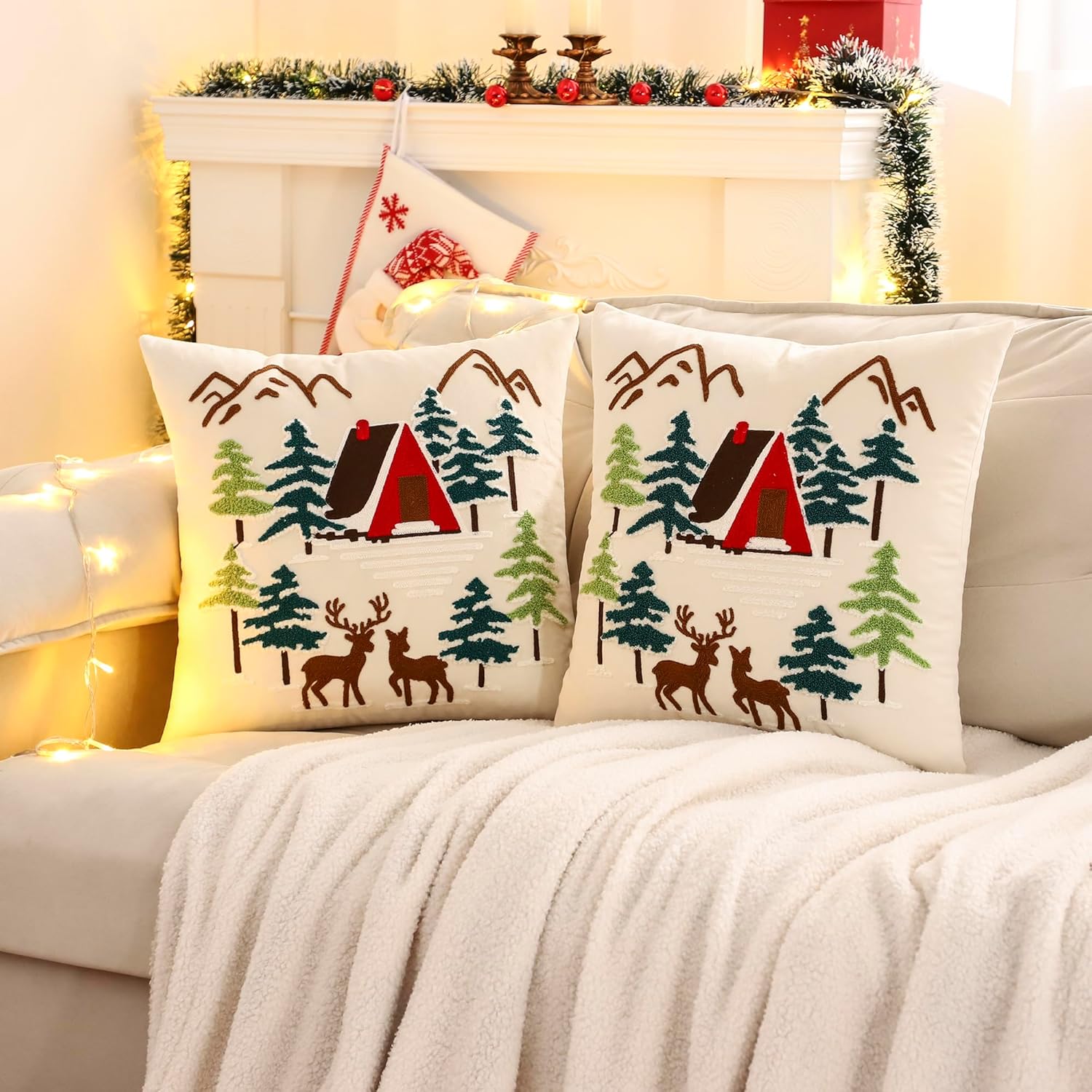 LUOYEHK Christmas Pillow Covers 18x18 Set of 2 House and Deer Decorative Beige Pillow Cases Winter Holiday Velvet Embroidered Cushion Covers for Couch Sofa Bed