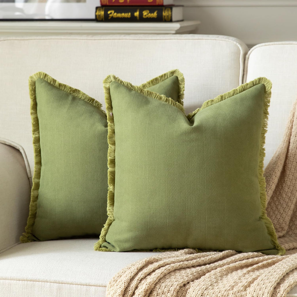Set of 2 Decorative Fringe Throw Pillow Covers Chenille Pillow Covers Elegant Design Pillowcase Soft Tassels Cushion Cover for Couch Bed Home Decor,18×18 Inch,Olive Green