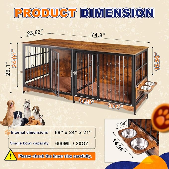 75'' Dog Crate Furniture Large Storage TV Stand with Dual Cushion / 4 Bowls/Double Rooms, Wooden Dog Kennel Dog Crate End Table with Removable Divider for Large Medium Dogs, Rustic Brown